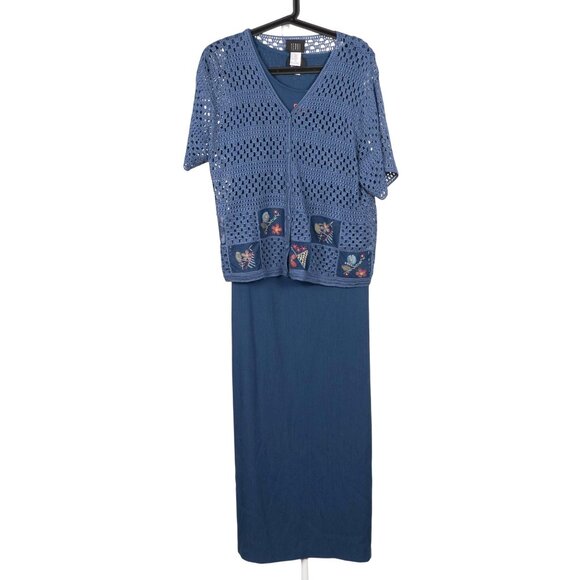 Teddi Dresses & Skirts - Teddi Sweater Dress Set 14 Blue Floral Knit Maxi Casual Grammacore Cottagecore